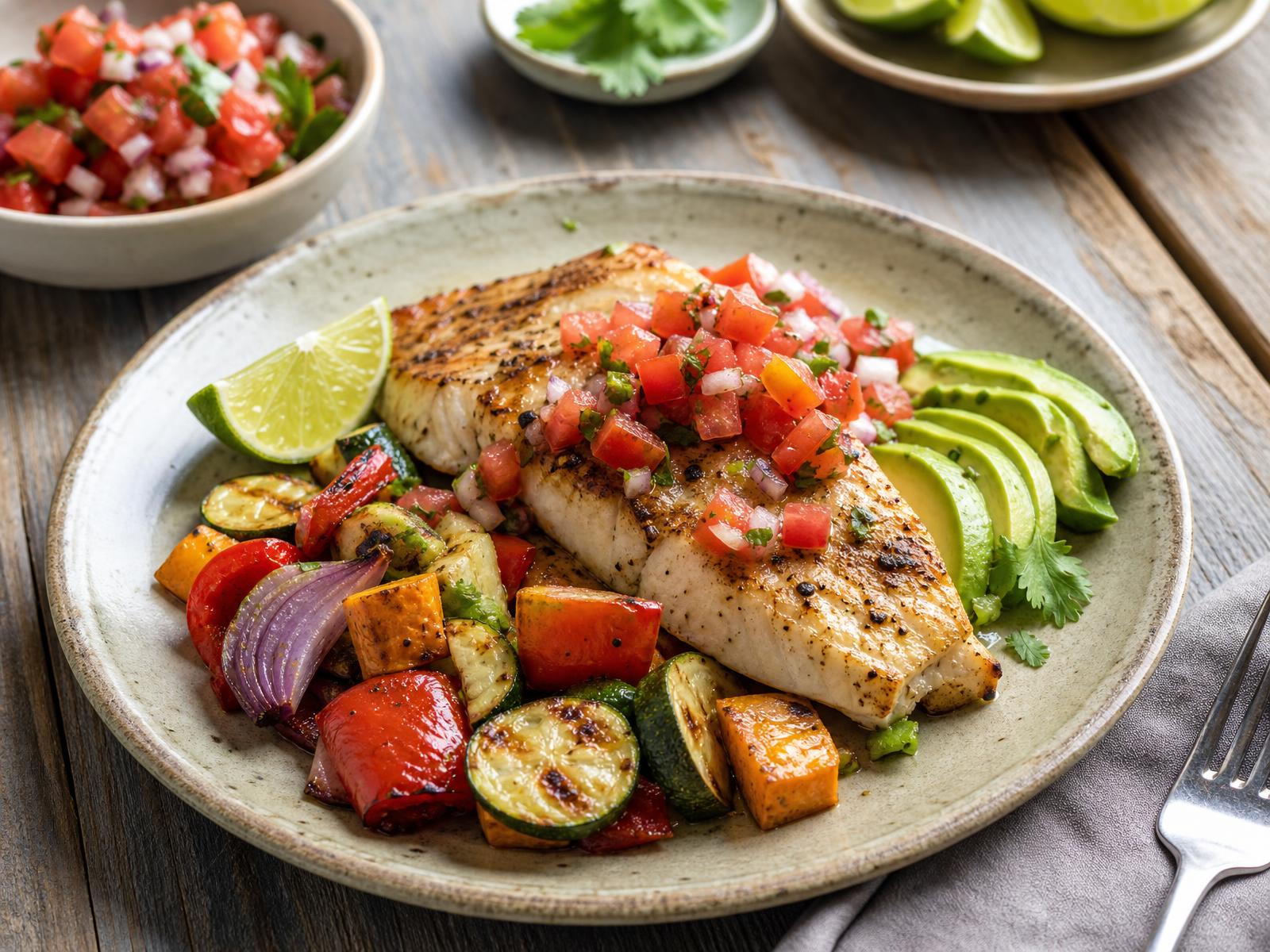 Plated healthy Mexican meal with grilled fish, salsa and avocado on a wooden table