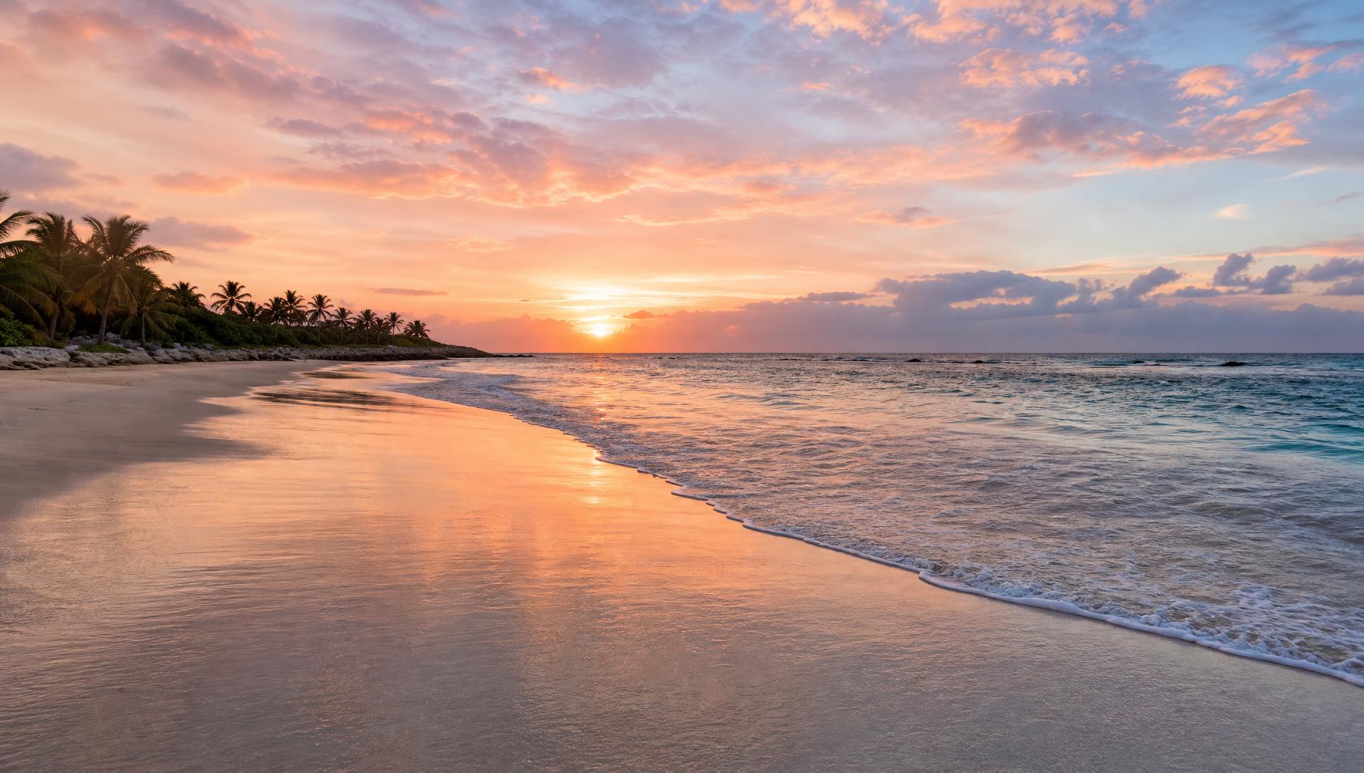 Sunrise over a calm Caribbean beach near Tulum